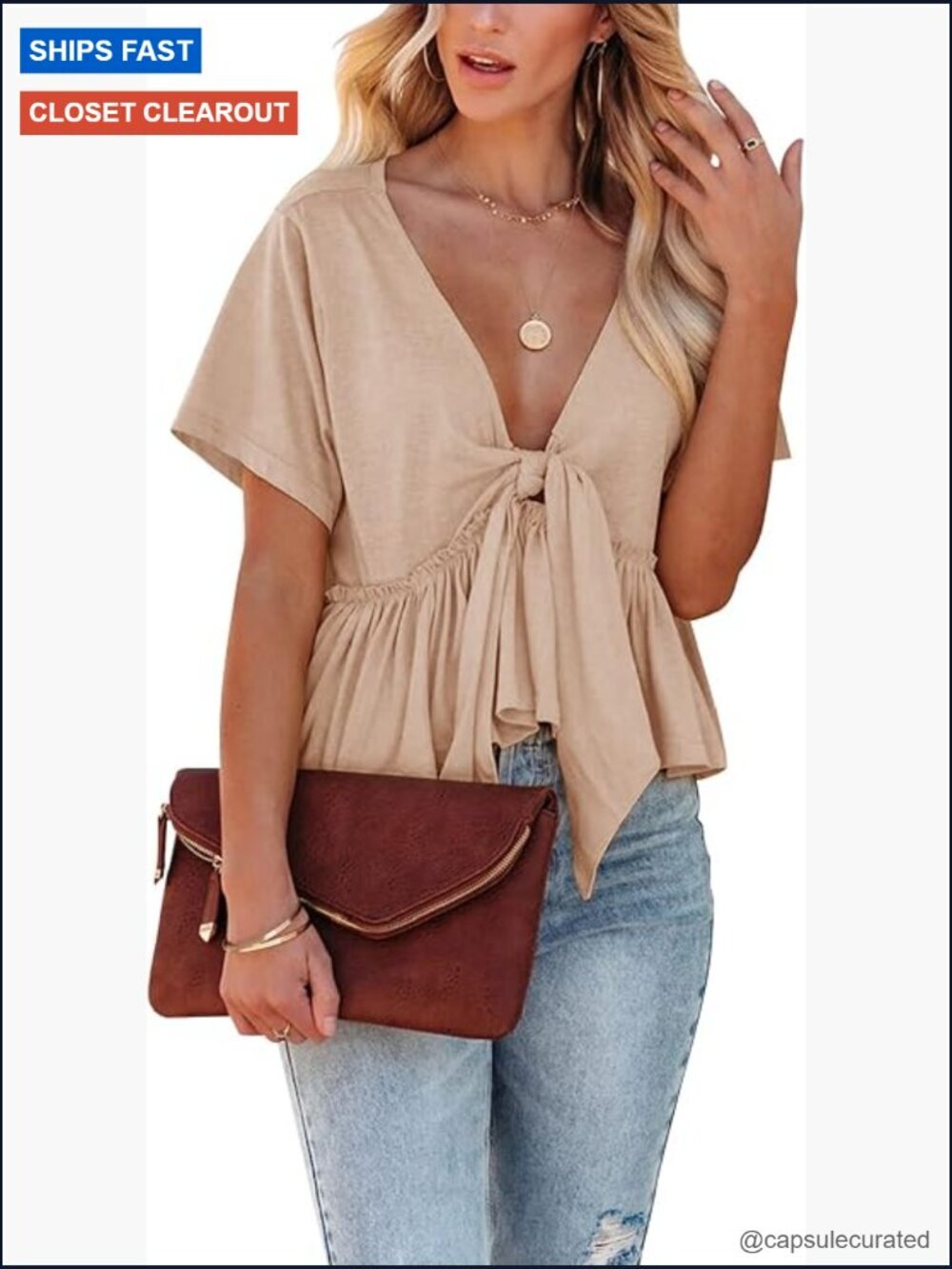 V Neck Tie Front Crop Top Short Sleeve Ruffle Hem Blouse Lightweight Summer Top